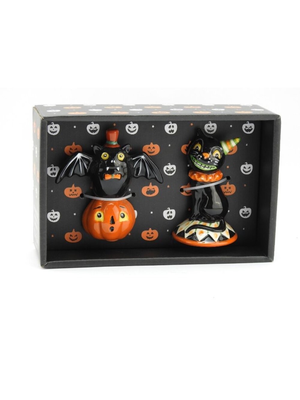 Halloween Bat Cat Salt Pepper Shakers Pumpkin Ceramic Set New In Box
